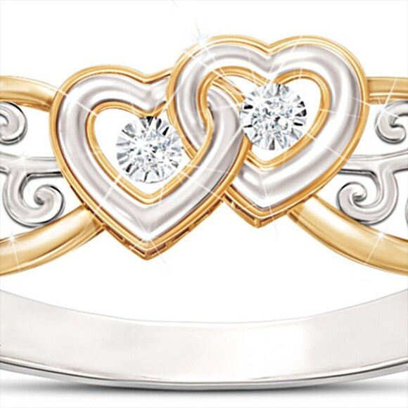 "Lovely Double Heart Carved Flower Two Color Plated Rings for Women, PD697 - Picture 8 of 10